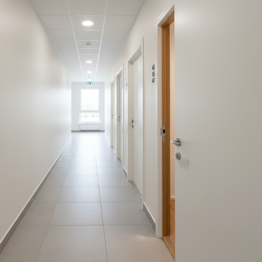 A bright corridor of a residential building captured during a move-out property inspection, featuring numbered white apartment doors, clean light-gray ceramic flooring, and neatly painted walls. The focus is on a slightly ajar door revealing the threshold, door jamb, and metal lock plate, all documented in pristine detail. Natural light flows from a window at the end of the corridor, combined with cool ceiling fixtures, creating balanced, even illumination with minimal harsh shadows. The photographic image is taken from a slightly elevated angle, with clear lines and strong perspective guiding the eye down the hallway. The mood is professional and orderly, ideal for illustrating a meticulous exit inspection process in an apartment block.