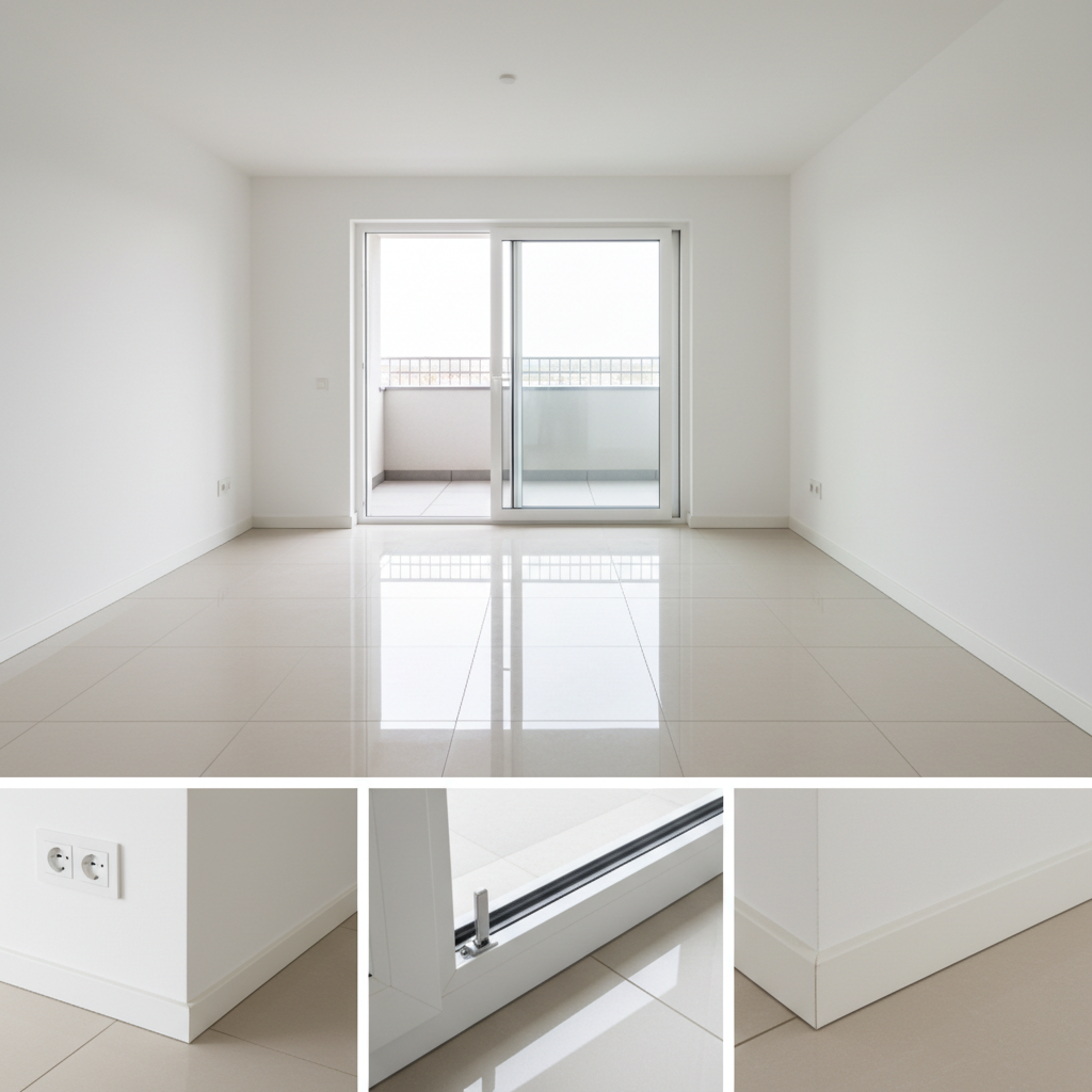 A modern, unfurnished apartment living room prepared for a rental inspection, with pristine white walls, light beige porcelain floor tiles, and a large sliding glass door opening to a small balcony. Detailed close-ups of electrical outlets, window frames, and baseboards are visible in the foreground, emphasizing cleanliness and condition. Soft, diffused daylight enters through the glass, creating gentle reflections on the floor and clear, natural shadows along the walls. Photographic realism at eye-level, with sharp focus throughout, communicates precision and professionalism. The composition uses a wide-angle lens to capture the entire space, evoking a calm, orderly atmosphere suitable for a detailed entry inspection report for property rental.