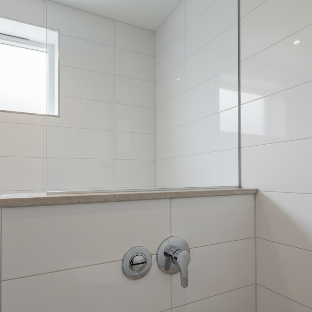 A close-up, highly detailed photographic view of a bathroom corner in a rental property, focusing on the junction of white ceramic wall tiles, light-gray grout, and a clear glass shower divider sitting on a narrow stone threshold. The chrome drain cover and lower part of the shower tap are visible, all spotless and free of moisture, representing a well-maintained space. Soft, diffused ceiling lighting combined with minimal natural light from a small frosted window creates gentle reflections on the glass and metal, with subtle shadows enhancing texture. Captured at low angle and close range with sharp focus, the composition feels clinical yet reassuring, ideal for illustrating how meticulously entry and exit inspections document moisture-prone areas and finishes in a property.