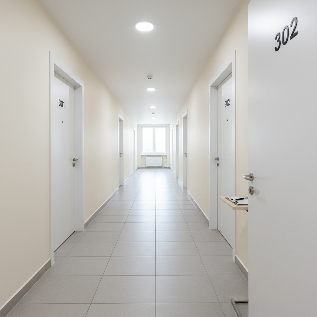 A bright corridor of a residential building captured during a move-out property inspection, featuring numbered white apartment doors, clean light-gray ceramic flooring, and neatly painted walls. The focus is on a slightly ajar door revealing the threshold, door jamb, and metal lock plate, all documented in pristine detail. Natural light flows from a window at the end of the corridor, combined with cool ceiling fixtures, creating balanced, even illumination with minimal harsh shadows. The photographic image is taken from a slightly elevated angle, with clear lines and strong perspective guiding the eye down the hallway. The mood is professional and orderly, ideal for illustrating a meticulous exit inspection process in an apartment block.