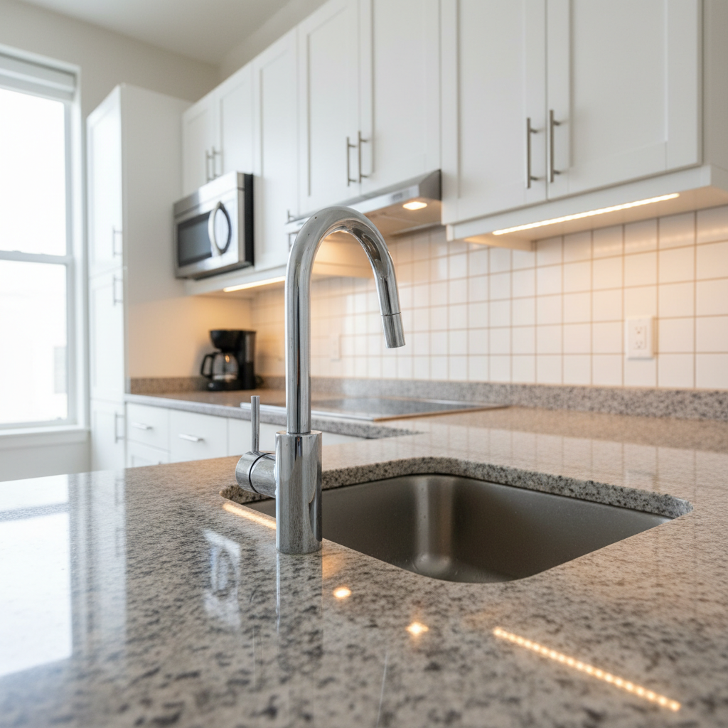 A clean, compact kitchen in a rental property, with white laminate cabinets, a polished granite countertop, stainless steel sink, and built-in cooktop, carefully photographed for an inspection report. The focal point is the junction between backsplash tiles, grout lines, and faucet fixtures, all captured in high-resolution detail to document condition and possible wear. Soft daylight from a nearby window reflects subtly off the polished metal and granite surfaces, while under-cabinet lights add warm, even illumination. Shot at countertop height with photographic realism and moderate depth of field, the composition balances the sink area in the foreground with partially visible cabinets and appliances in the background, conveying a precise, methodical, and trustworthy atmosphere for kitchen condition documentation.