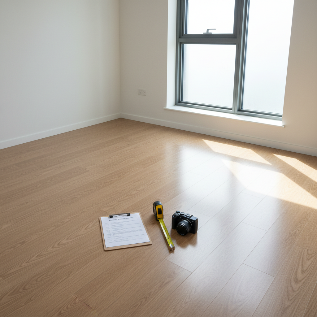 A minimalist home office space inside a rental apartment, prepared for a detailed property inspection, showing a flawless light-wood laminate floor, freshly painted white walls, and large double-glazed window with aluminum frame. On the floor, a clipboard with printed inspection checklist, measuring tape, and a digital camera rest neatly, symbolizing a thorough inspection process without showing any people. Natural afternoon light streams through the window, casting soft, elongated shadows of the tools and highlighting the floor’s texture. Photographic realism from an overhead, slightly diagonal angle emphasizes the organized arrangement and documentation tools. The mood is calm, methodical, and highly professional, ideal for a website highlighting comprehensive entry and exit inspection services with complete photographic reports.