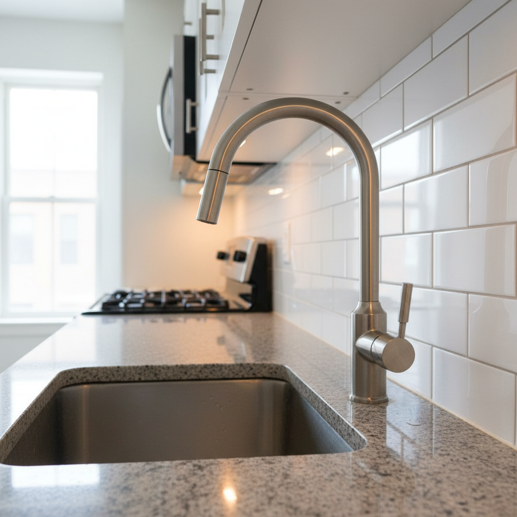 A clean, compact kitchen in a rental property, with white laminate cabinets, a polished granite countertop, stainless steel sink, and built-in cooktop, carefully photographed for an inspection report. The focal point is the junction between backsplash tiles, grout lines, and faucet fixtures, all captured in high-resolution detail to document condition and possible wear. Soft daylight from a nearby window reflects subtly off the polished metal and granite surfaces, while under-cabinet lights add warm, even illumination. Shot at countertop height with photographic realism and moderate depth of field, the composition balances the sink area in the foreground with partially visible cabinets and appliances in the background, conveying a precise, methodical, and trustworthy atmosphere for kitchen condition documentation.